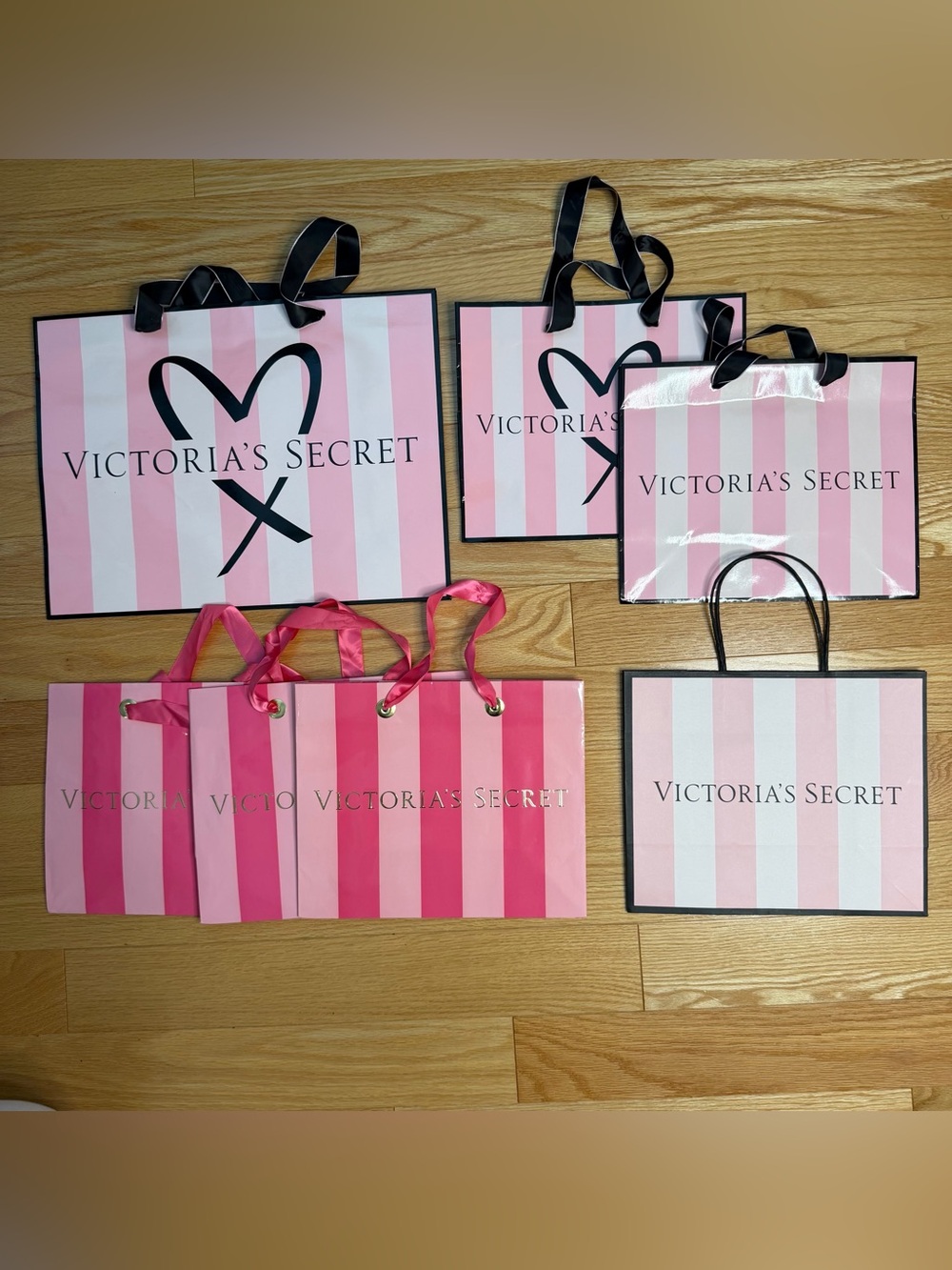 Victoria's Secret Lot of 7 Pink & Light Pink Striped Shopping Gift Bags Var Size
